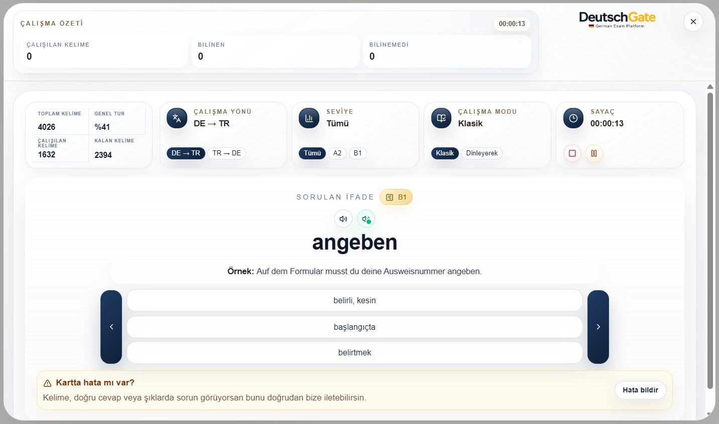 DeutschGate kelime çalışma ekranı